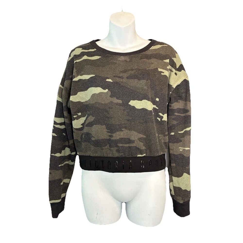 Victorias Secret Sport Cropped Sweatshirt Small Green Camo Spell-out Activewear